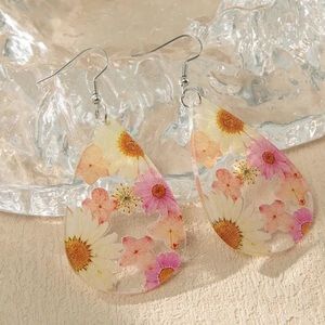 Pink Floral Print Acrylic Water Drop Dangle Earrings